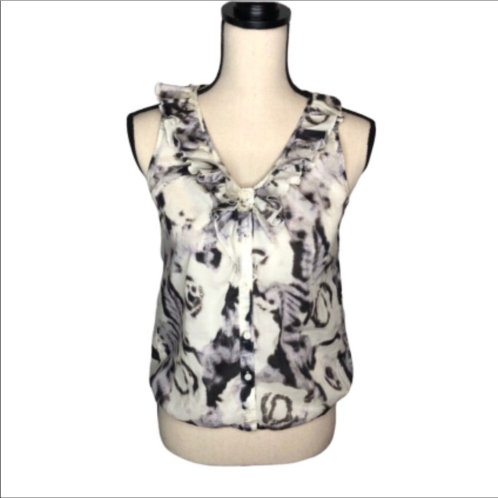 LOFT Factory Cream Black Gray Floral Sleeveless Ruffle Top SP